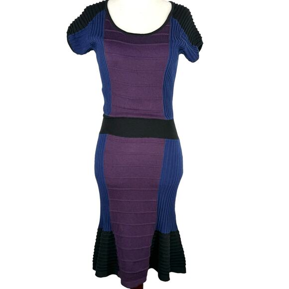 Sandro Flared Color Block Cotton Knit Mini Dress Sz 4 Purple Blue Career Office - Picture 1 of 10